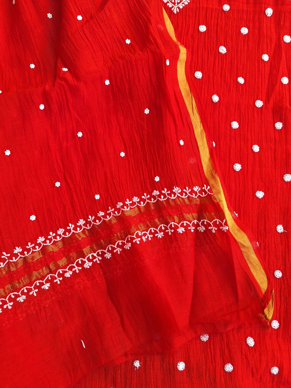 Red Mul Chanderi Unstitched kurta dupatta set with handwork
