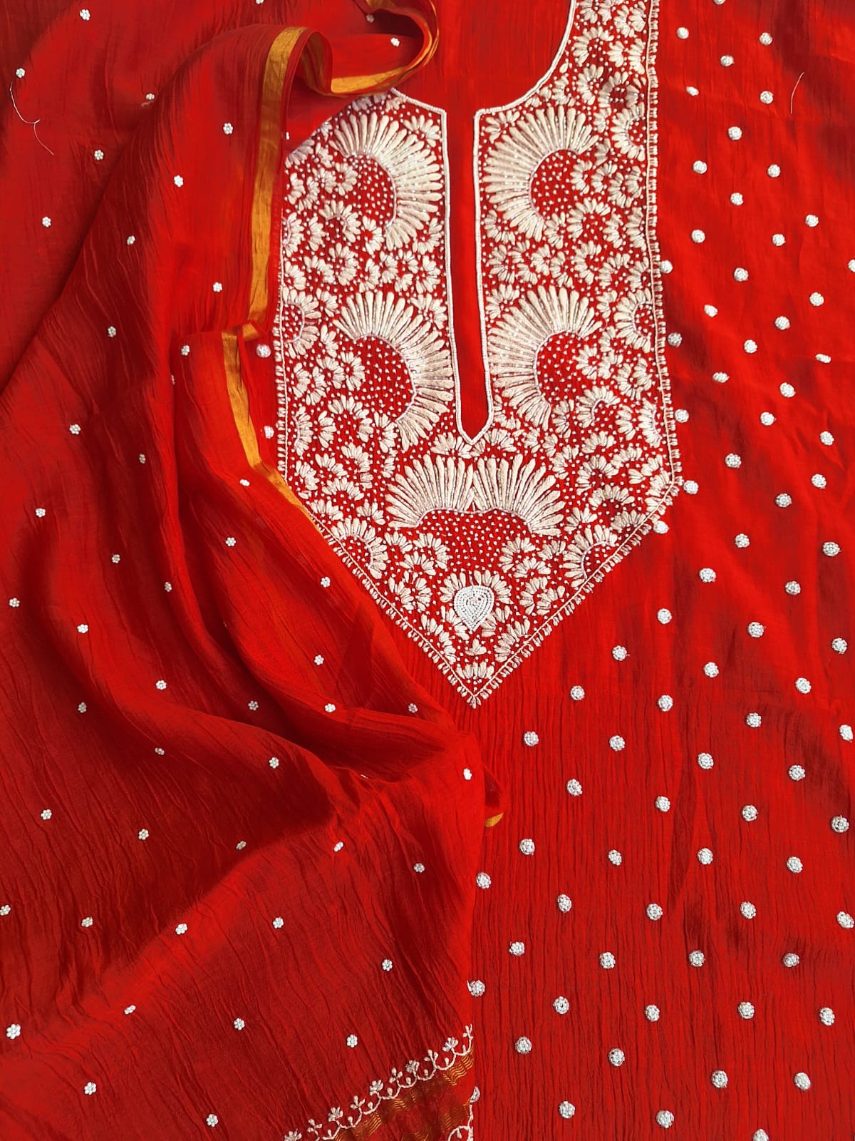 Red Mul Chanderi Unstitched kurta dupatta set with handwork