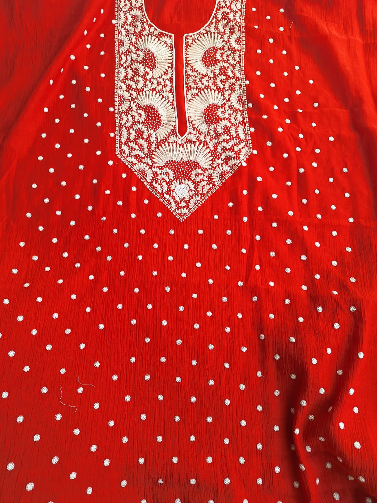 Red Mul Chanderi Unstitched kurta dupatta set with handwork