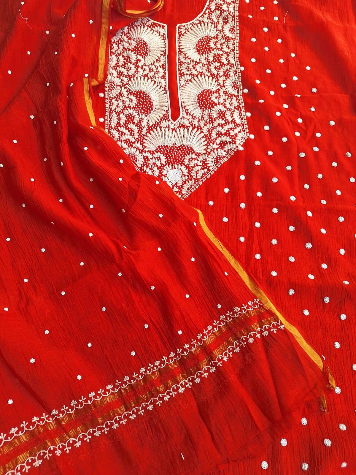 Red Mul Chanderi Unstitched kurta dupatta set with handwork
