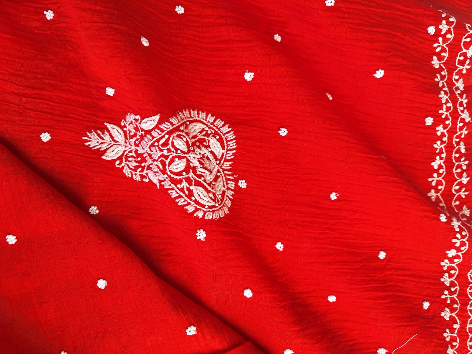 Red Mul Chanderi Unstitched kurta dupatta set with handwork
