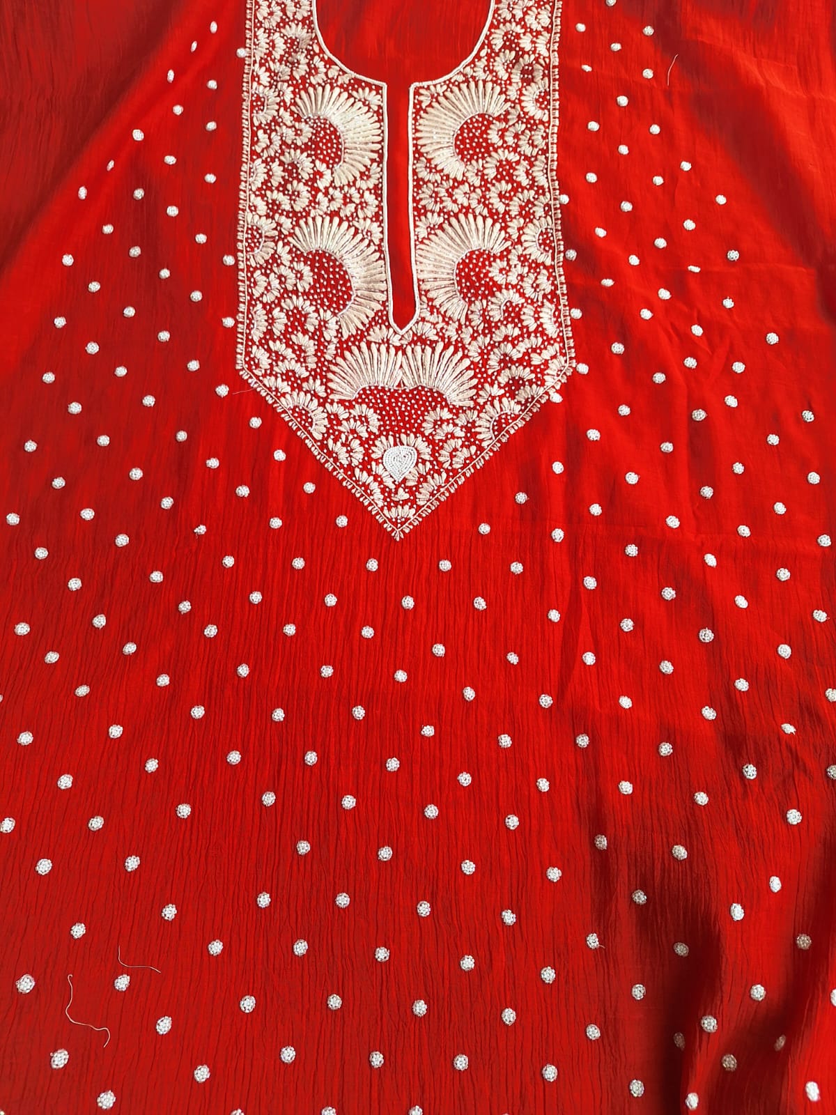 Red Mul Chanderi Unstitched kurta dupatta set with handwork