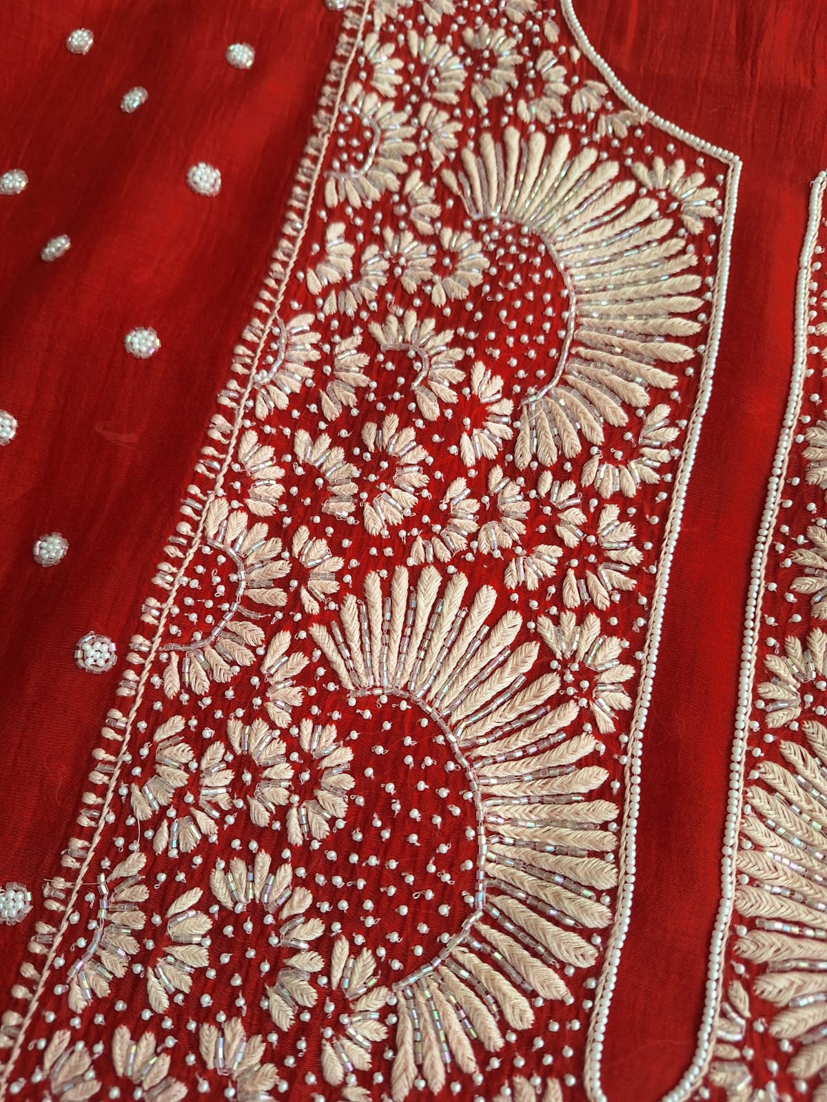 Red Mul Chanderi Unstitched kurta dupatta set with handwork