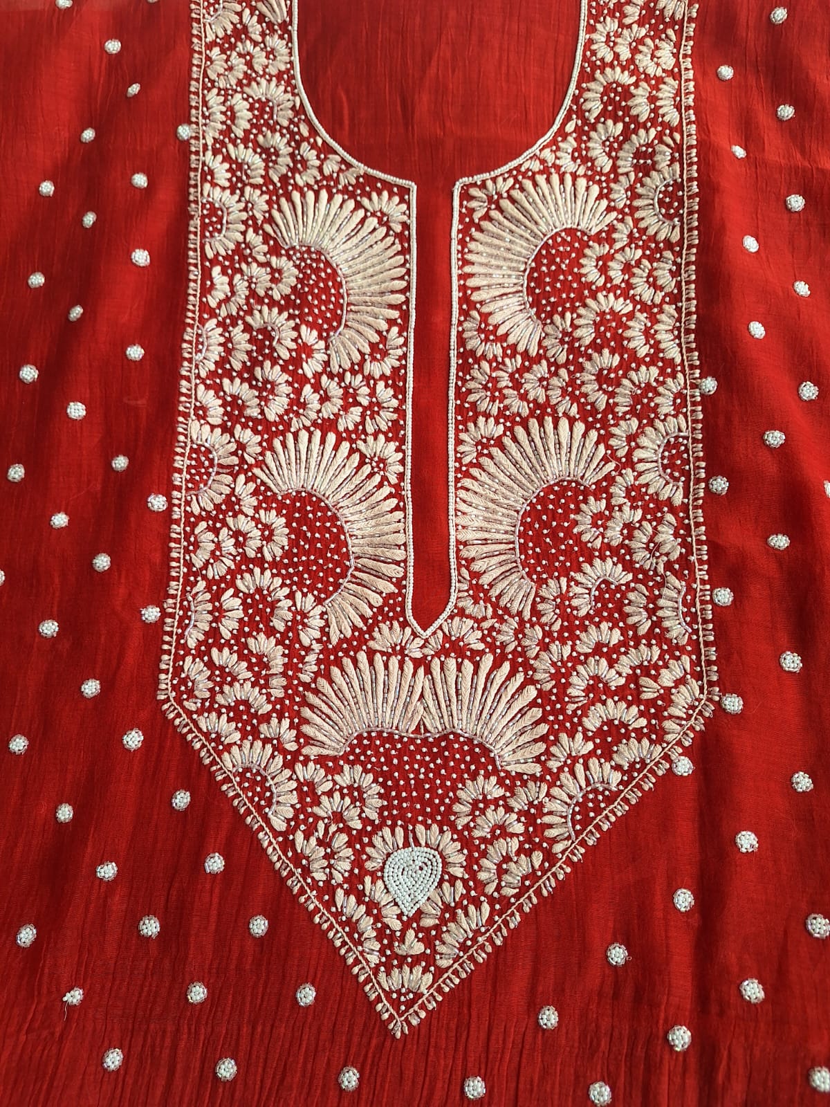 Red Mul Chanderi Unstitched kurta dupatta set with handwork
