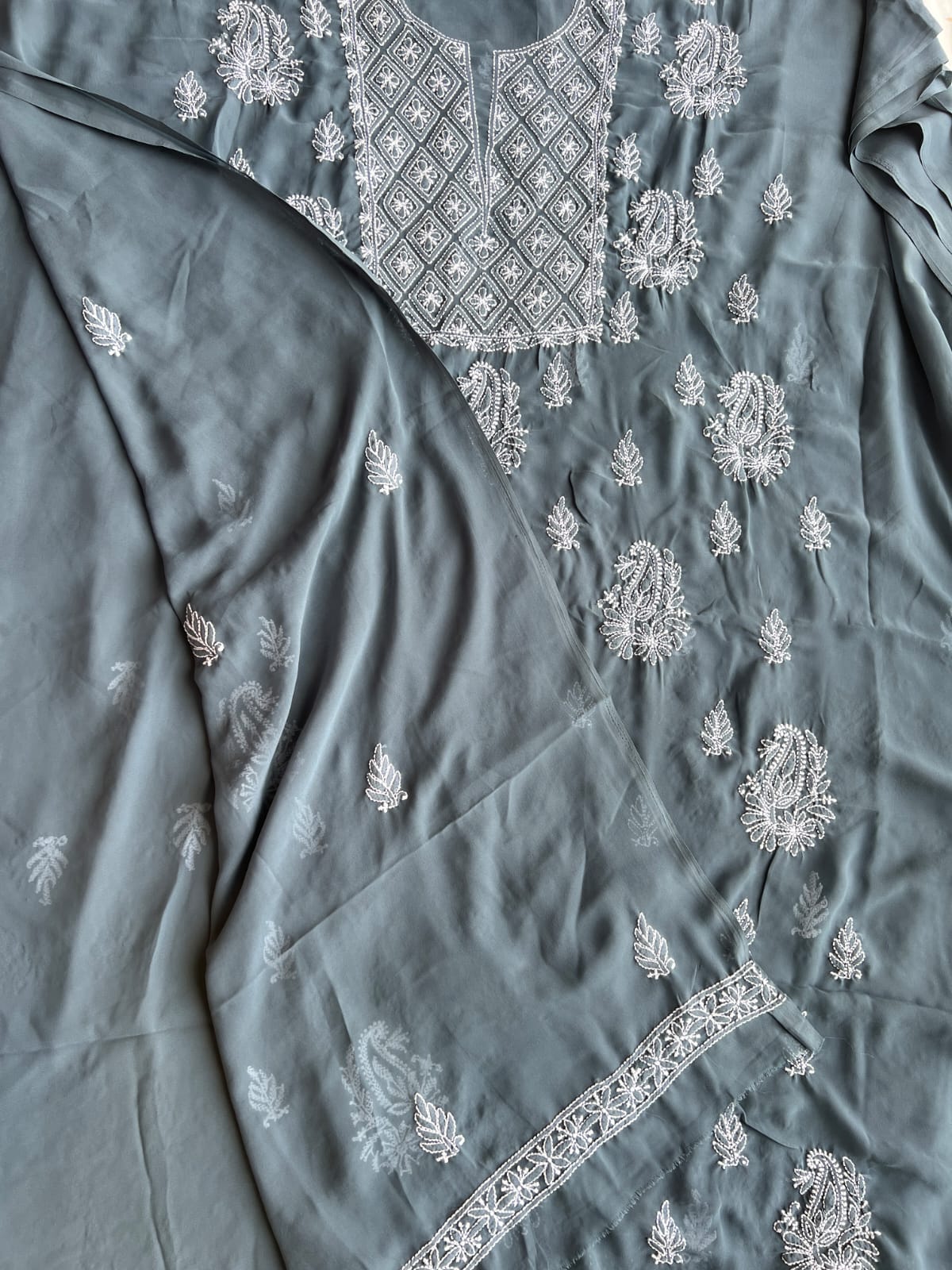 Dark grey Goergette Unstitched chikankari Full suit