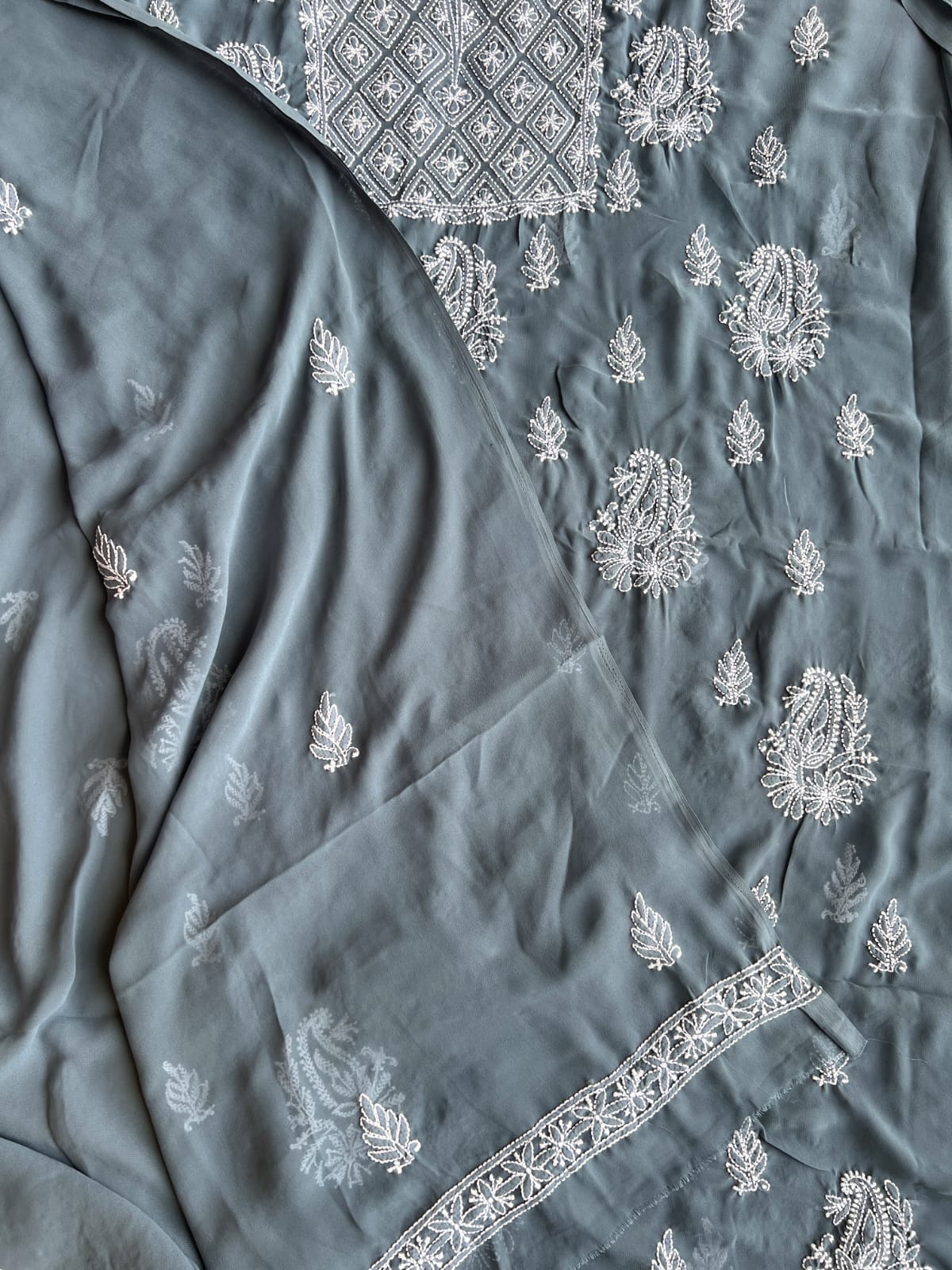 Dark grey Goergette Unstitched chikankari Full suit