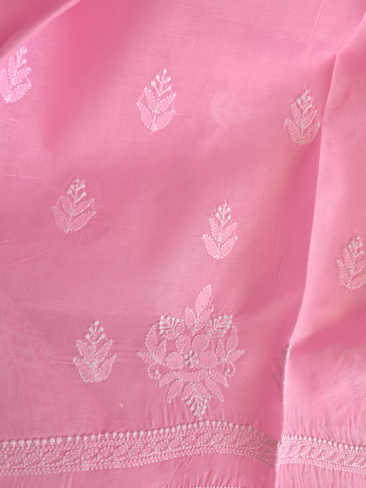 Bubblegum Pink Cotton Kurta fabric with chikankari