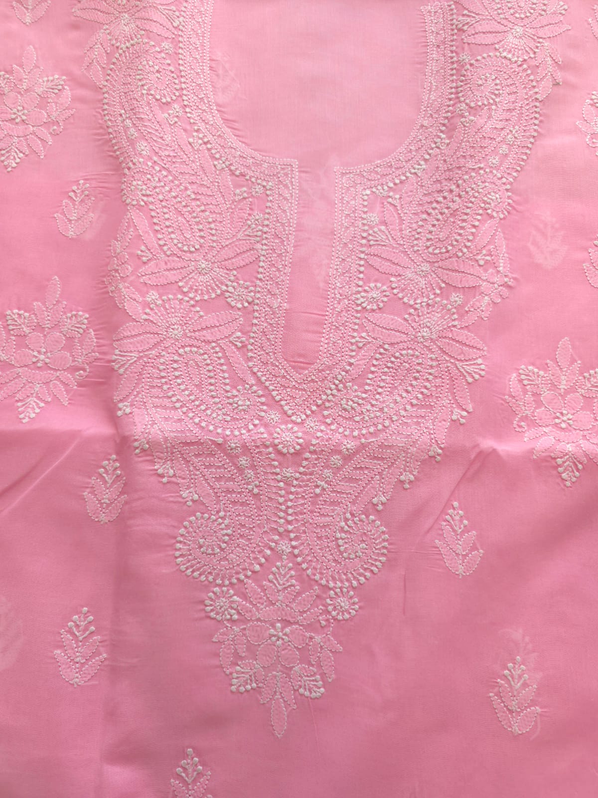 Bubblegum Pink Cotton Kurta fabric with chikankari