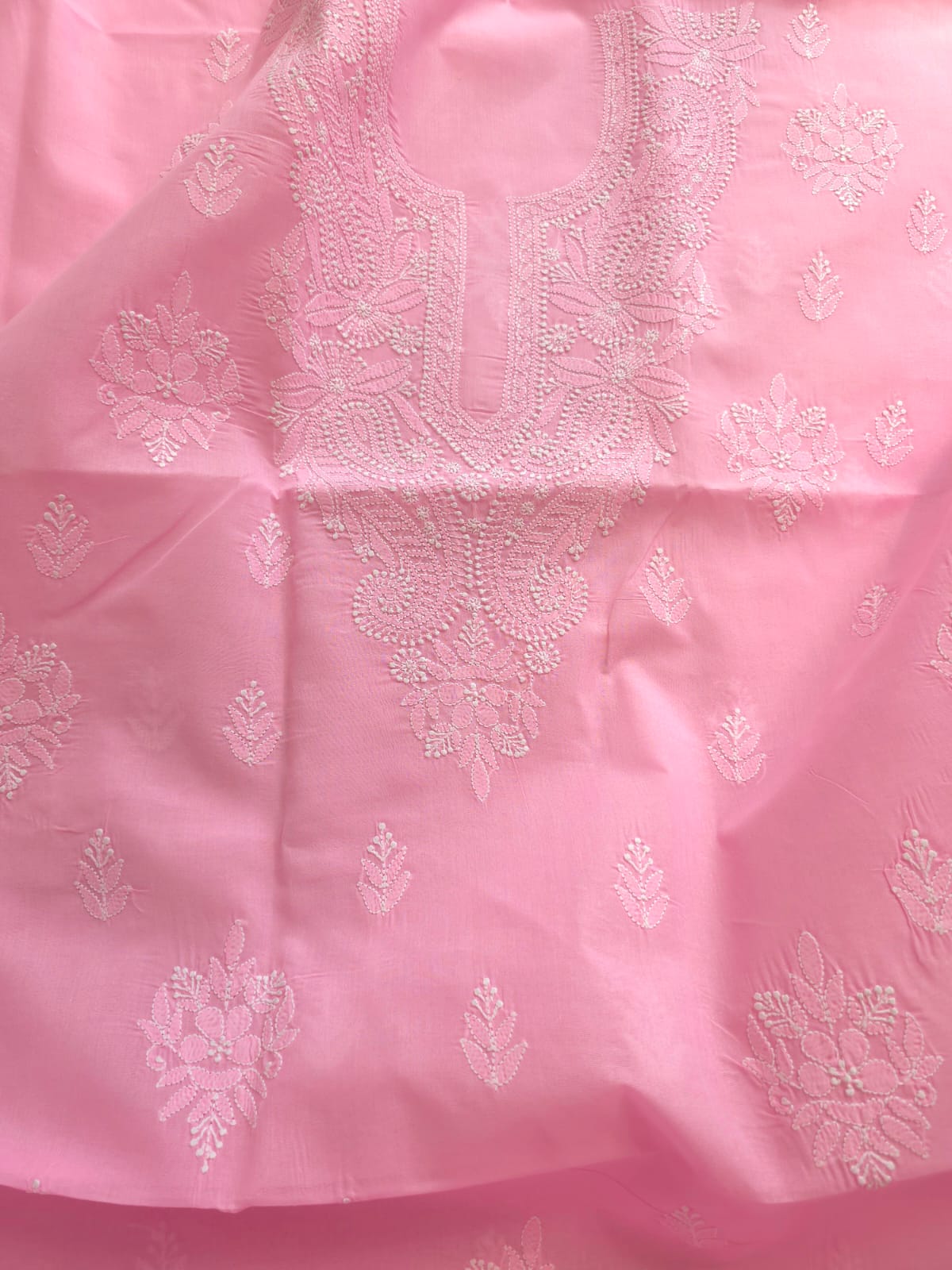 Bubblegum Pink Cotton Kurta fabric with chikankari