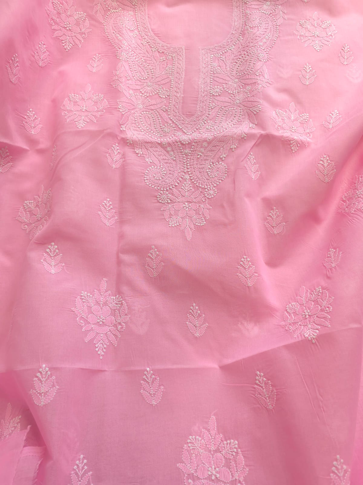 Bubblegum Pink Cotton Kurta fabric with chikankari
