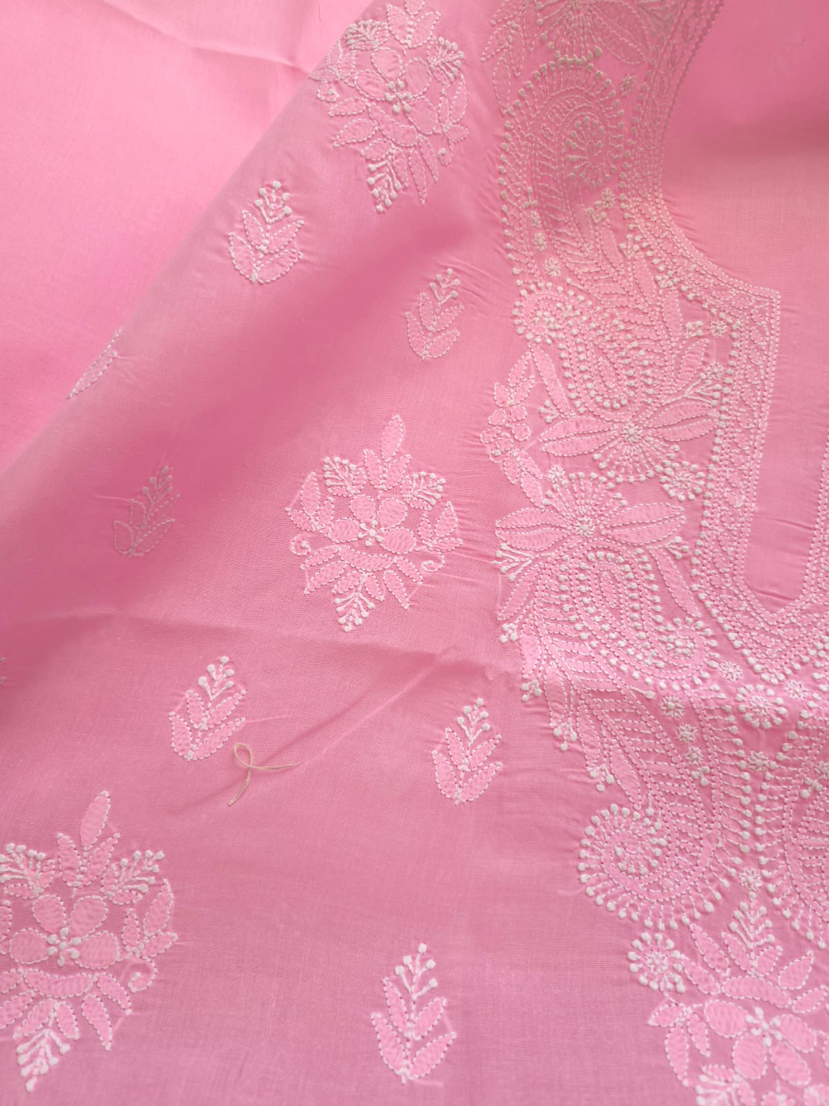 Bubblegum Pink Cotton Kurta fabric with chikankari