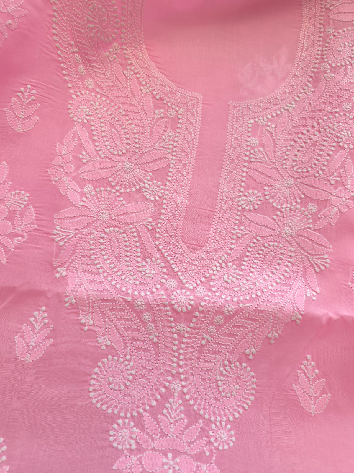 Bubblegum Pink Cotton Kurta fabric with chikankari