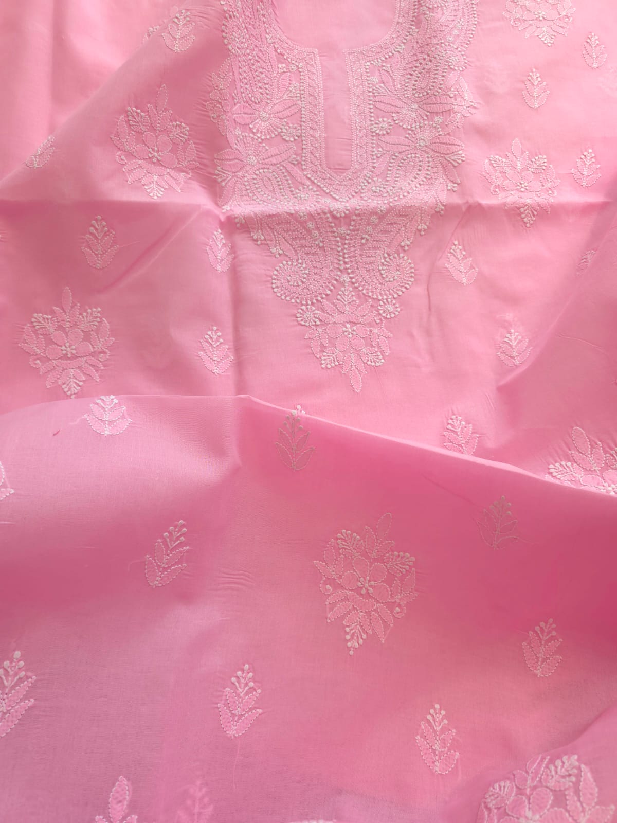 Bubblegum Pink Cotton Kurta fabric with chikankari