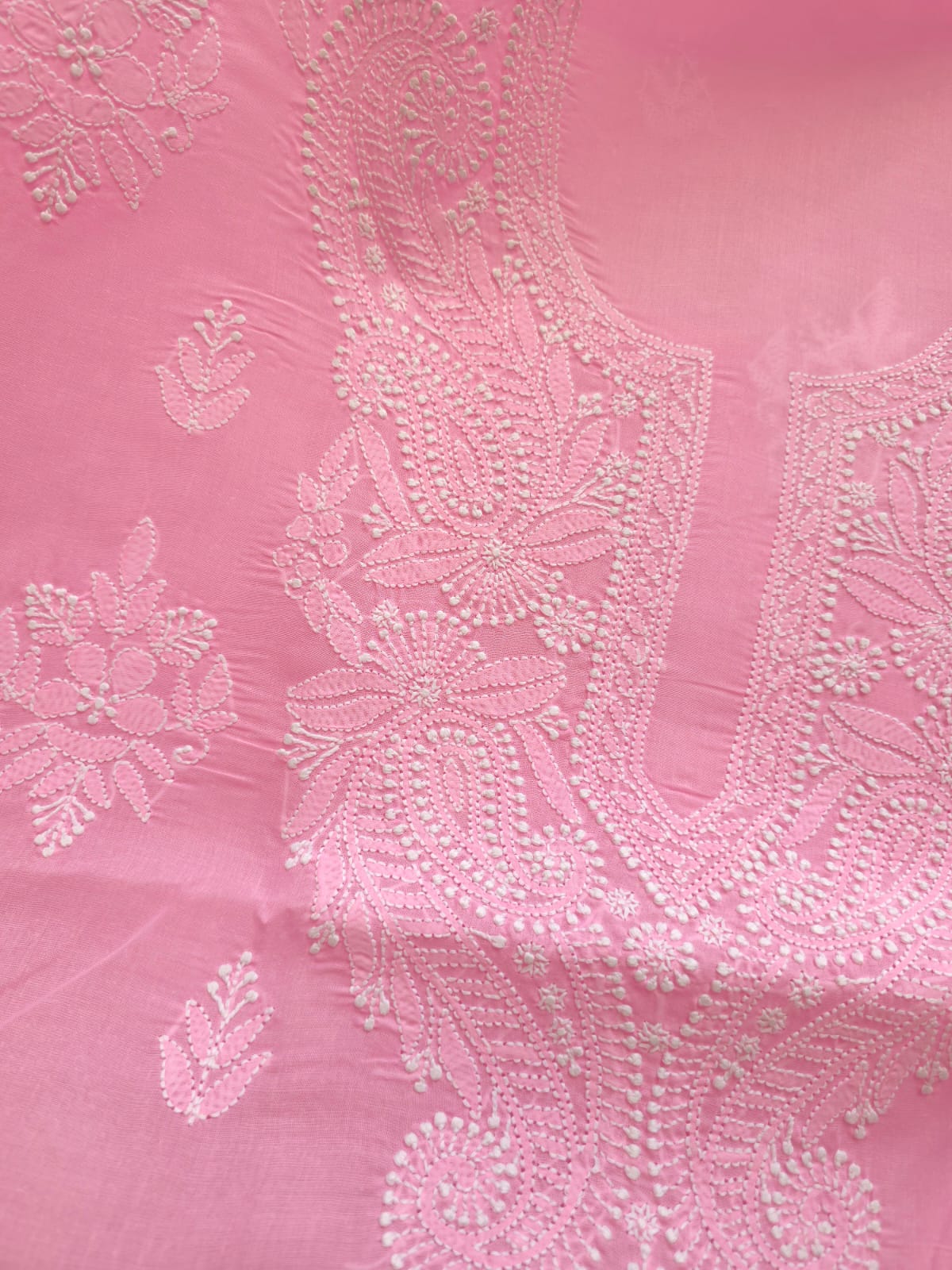 Bubblegum Pink Cotton Kurta fabric with chikankari