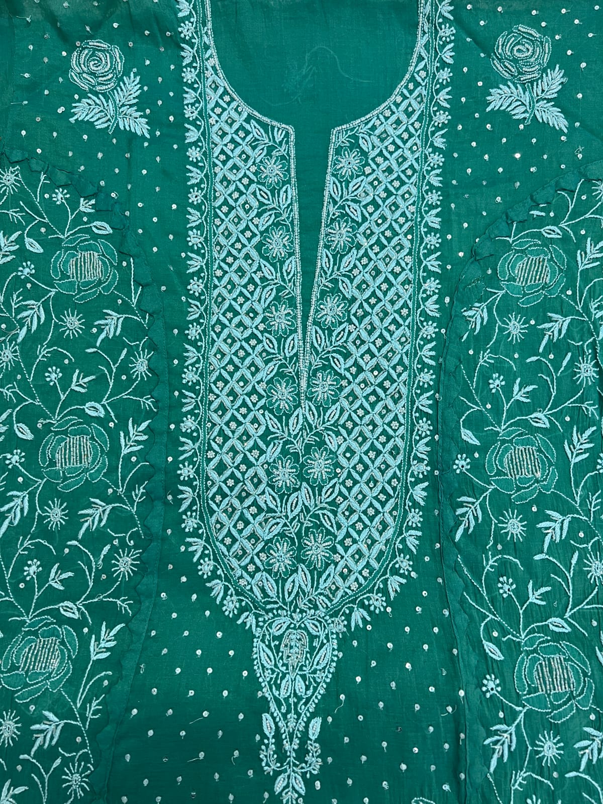 Green Mul Chanderi Set with intricate handwork with embellishments