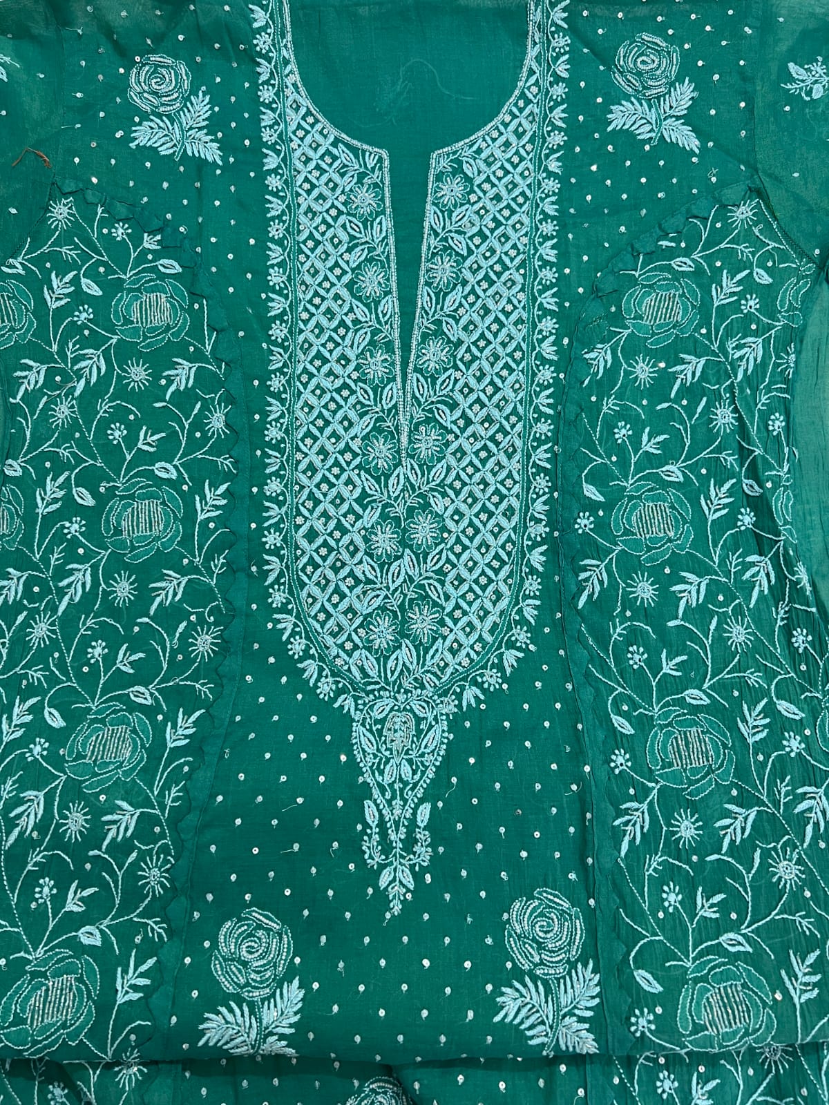 Green Mul Chanderi Set with intricate handwork with embellishments