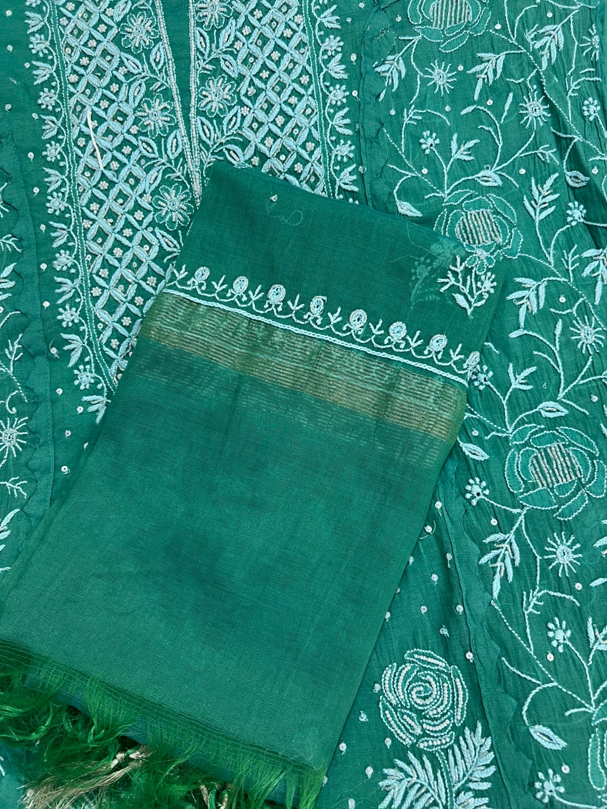 Green Mul Chanderi Set with intricate handwork with embellishments