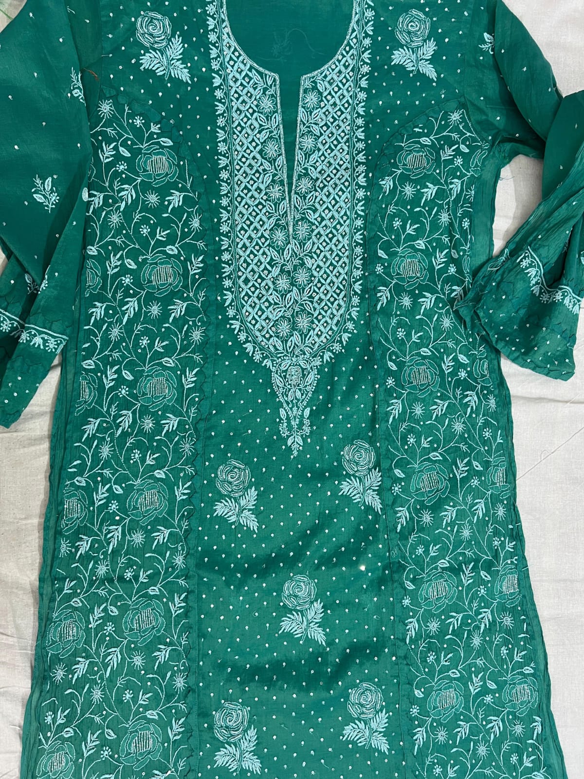 Green Mul Chanderi Set with intricate handwork with embellishments