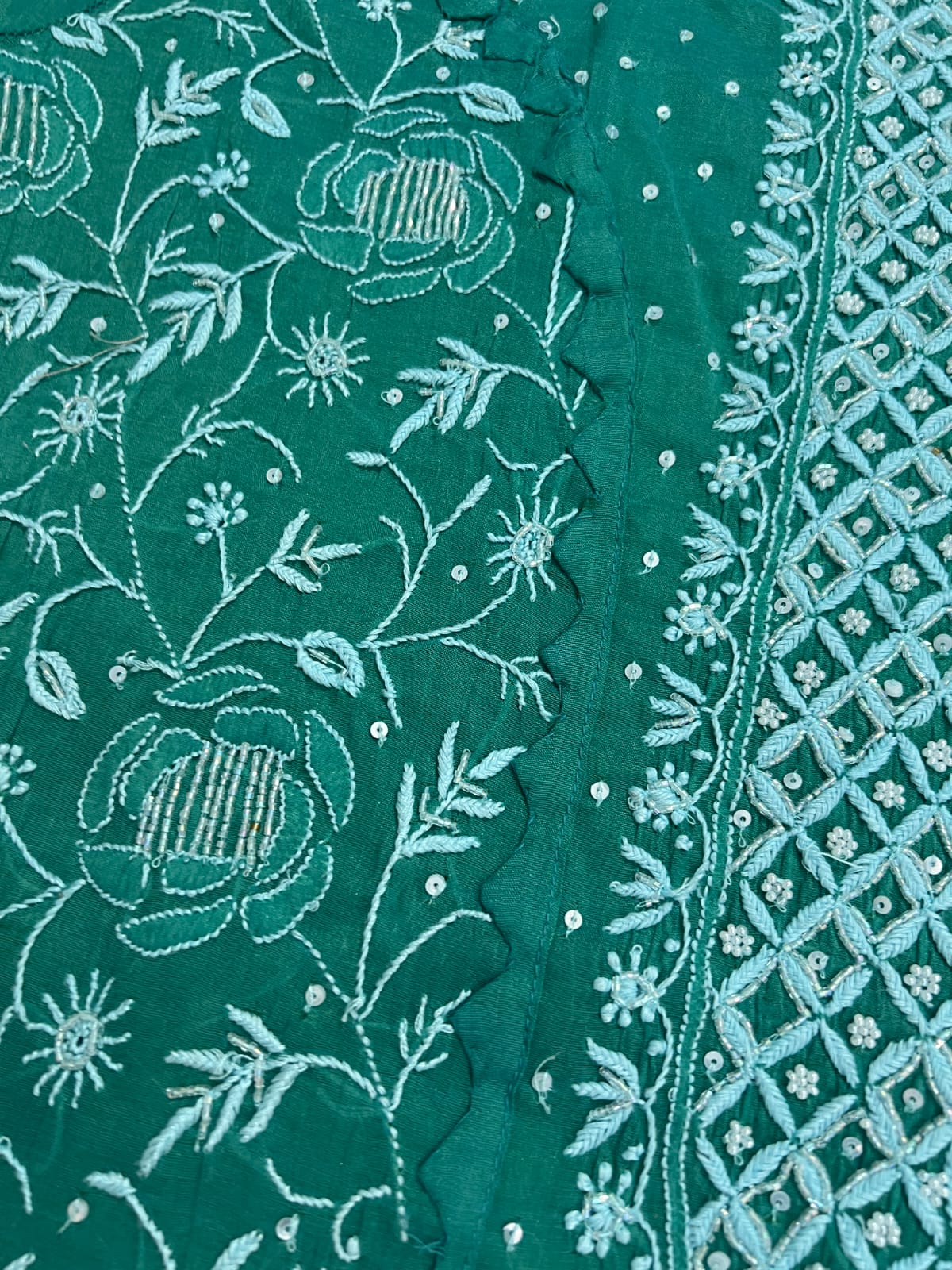 Green Mul Chanderi Set with intricate handwork with embellishments