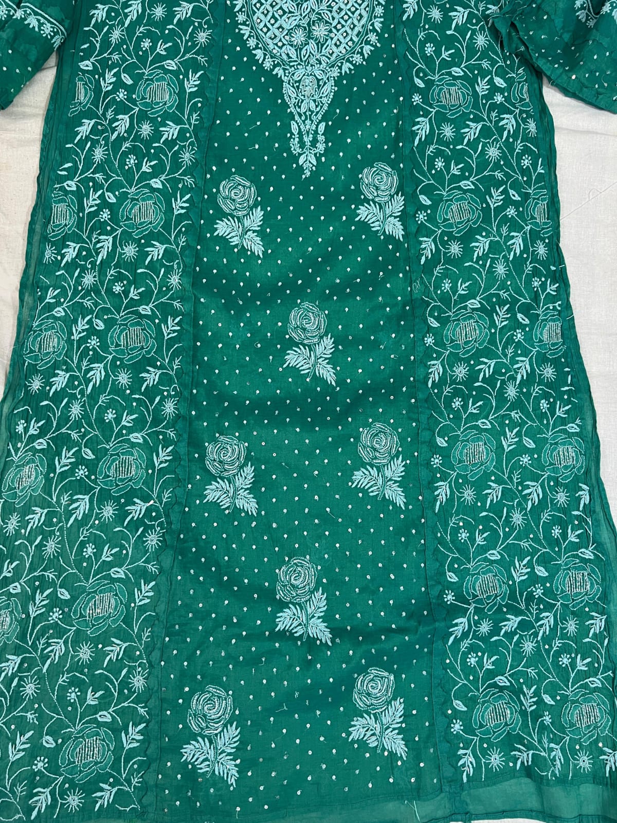 Green Mul Chanderi Set with intricate handwork with embellishments