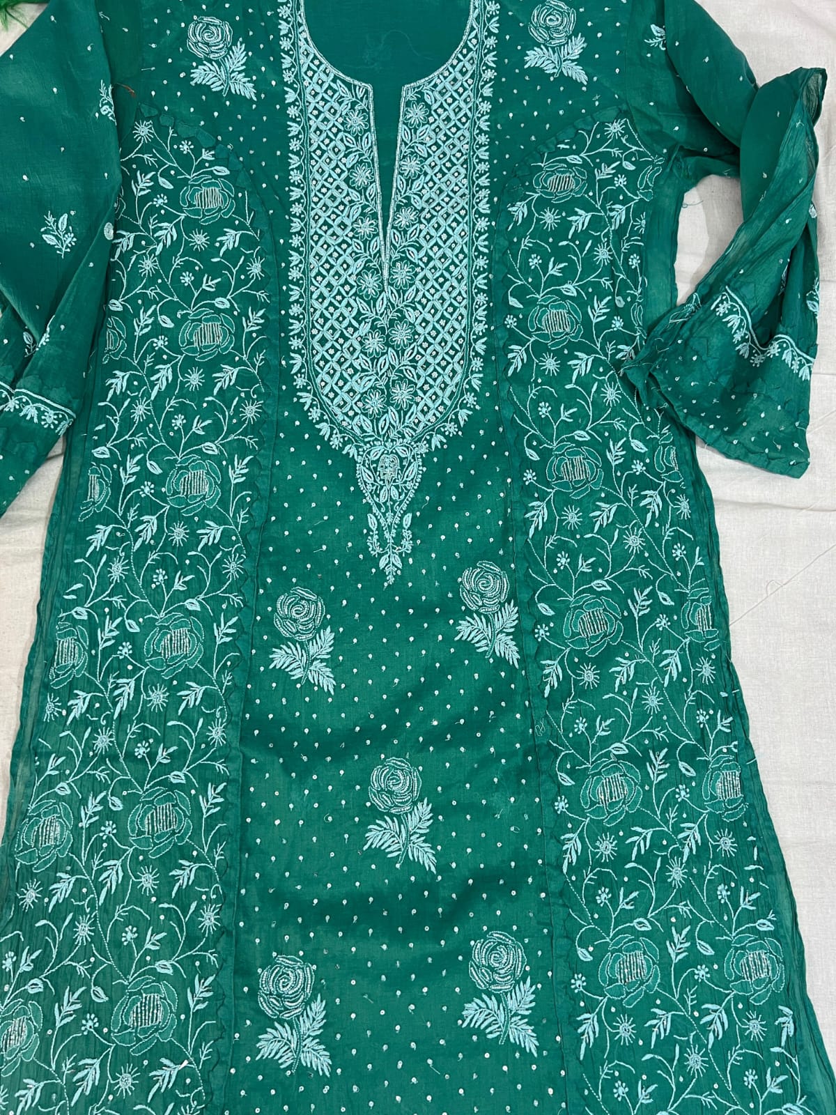 Green Mul Chanderi Set with intricate handwork with embellishments