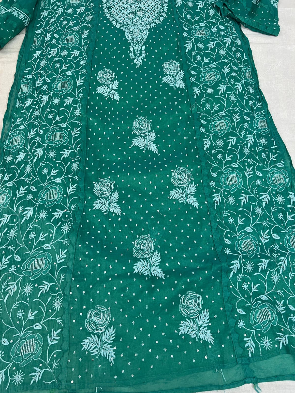 Green Mul Chanderi Set with intricate handwork with embellishments