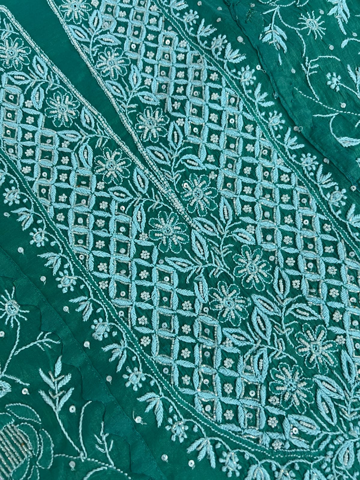 Green Mul Chanderi Set with intricate handwork with embellishments