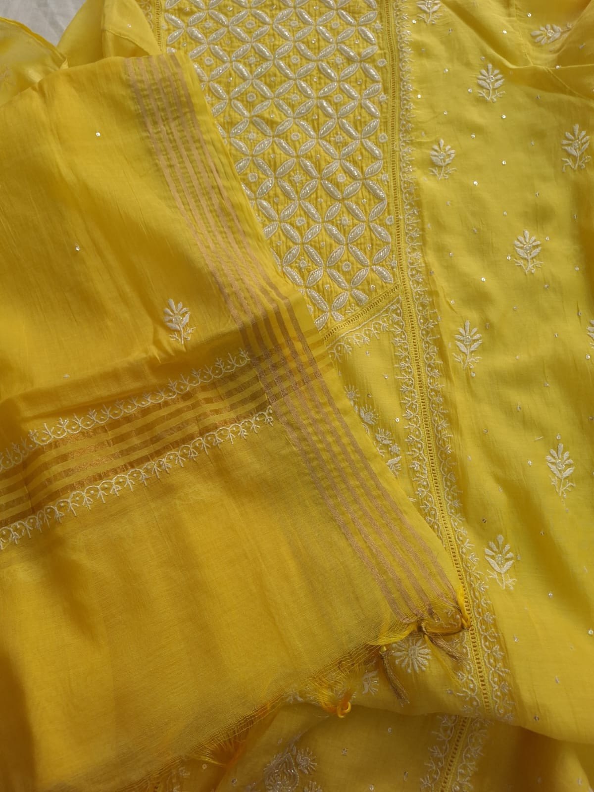 Mango yellow Mul Chanderi set with chikankari and heavy cutdana work