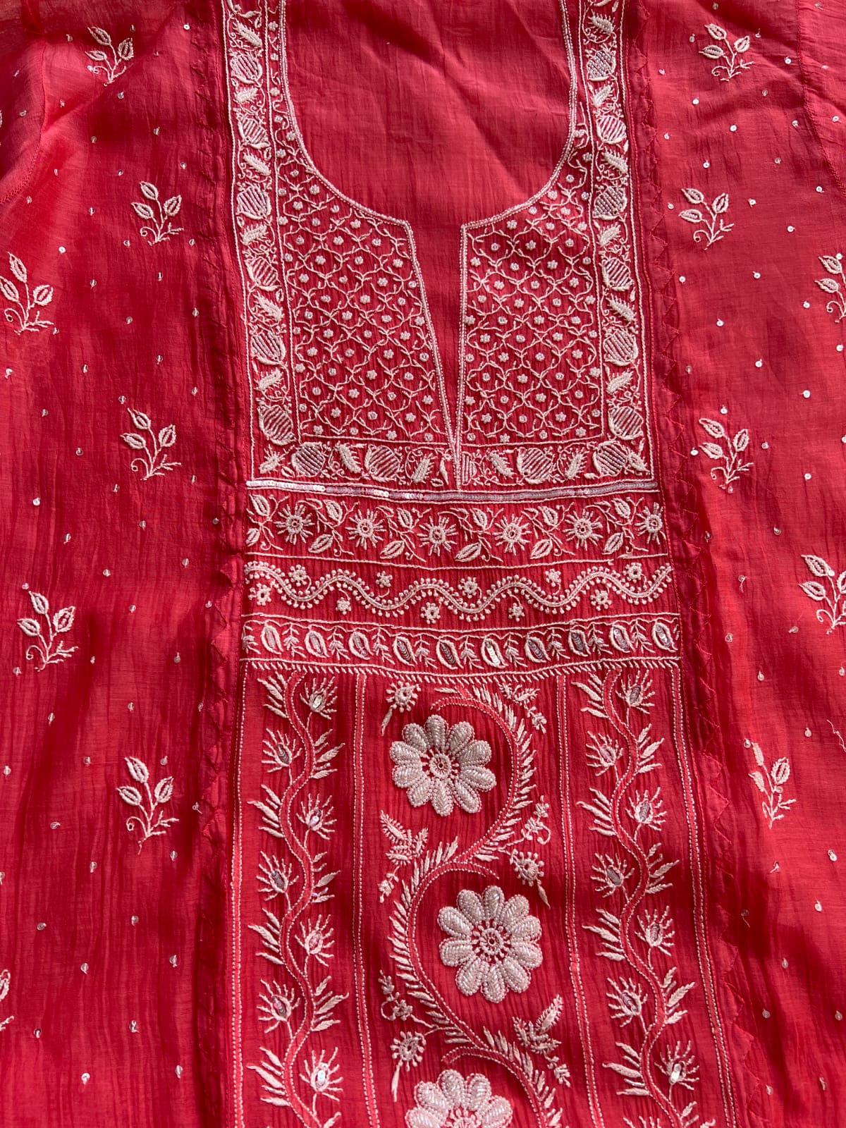 Magenta Pink Mul Chanderi Kurta deupatta with chikanwork and Cutdana