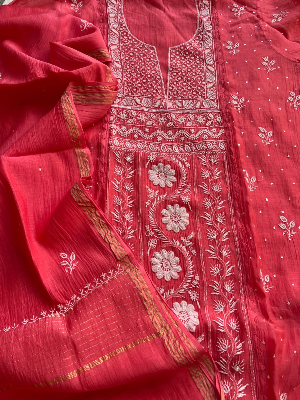 Magenta Pink Mul Chanderi Kurta deupatta with chikanwork and Cutdana