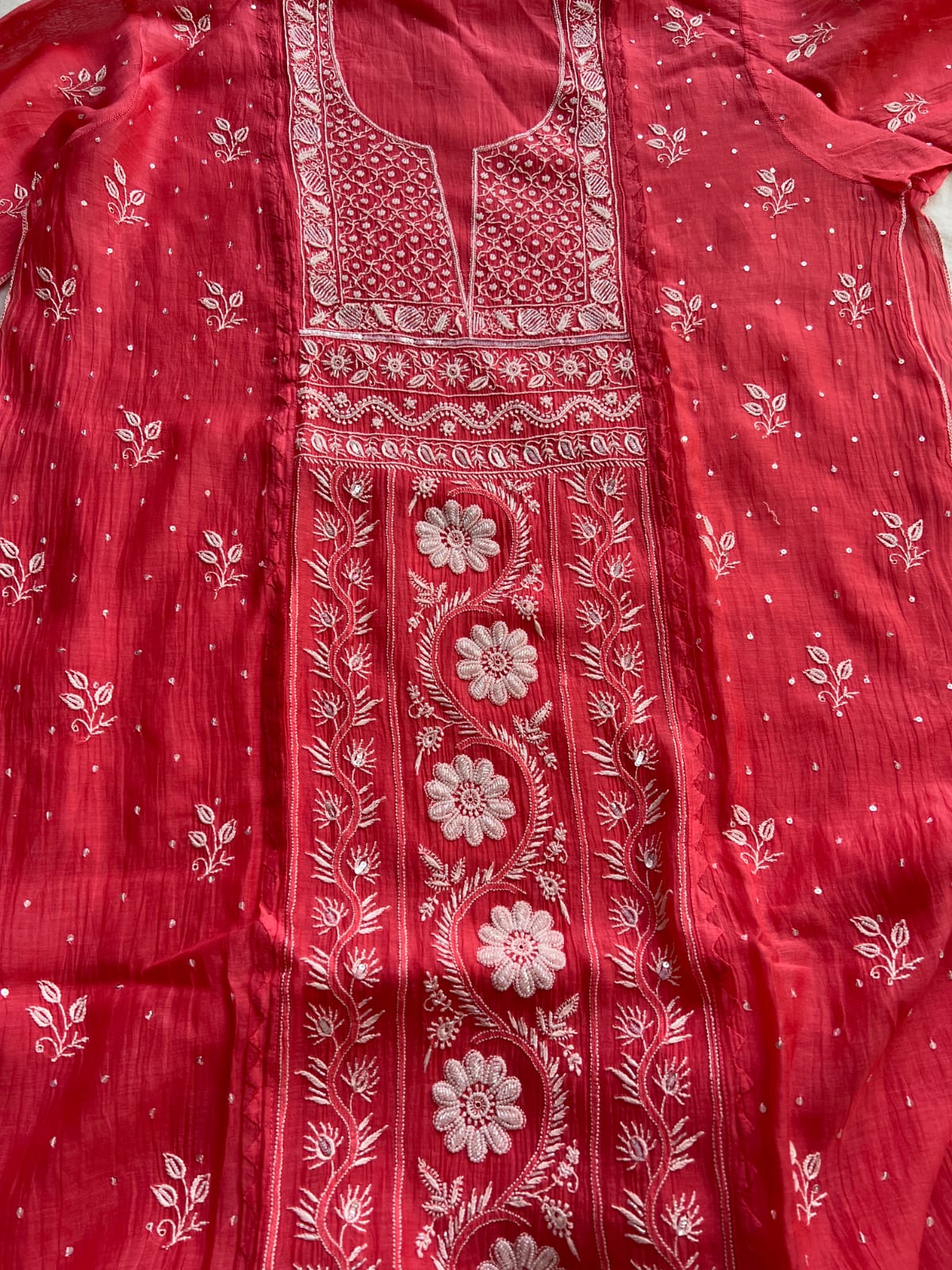 Magenta Pink Mul Chanderi Kurta deupatta with chikanwork and Cutdana