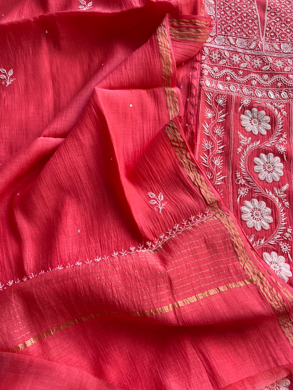 Magenta Pink Mul Chanderi Kurta deupatta with chikanwork and Cutdana