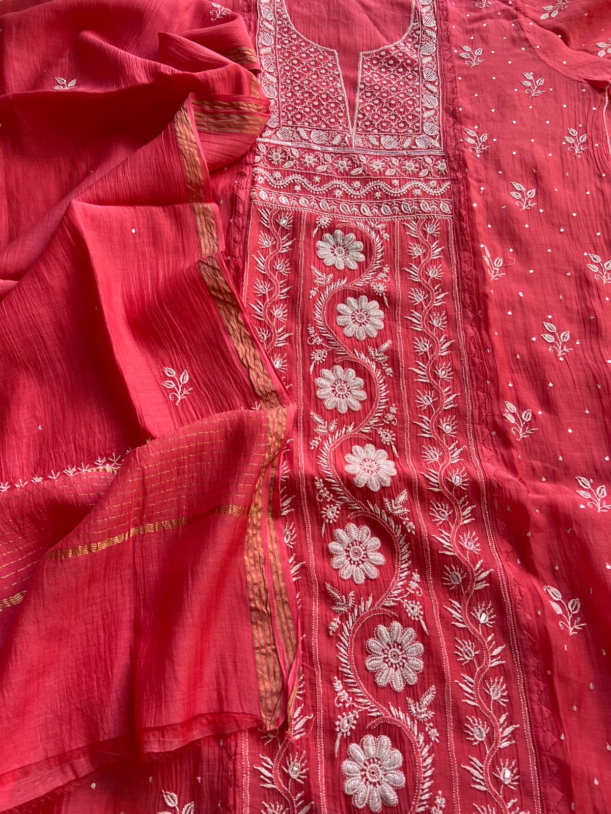 Magenta Pink Mul Chanderi Kurta deupatta with chikanwork and Cutdana