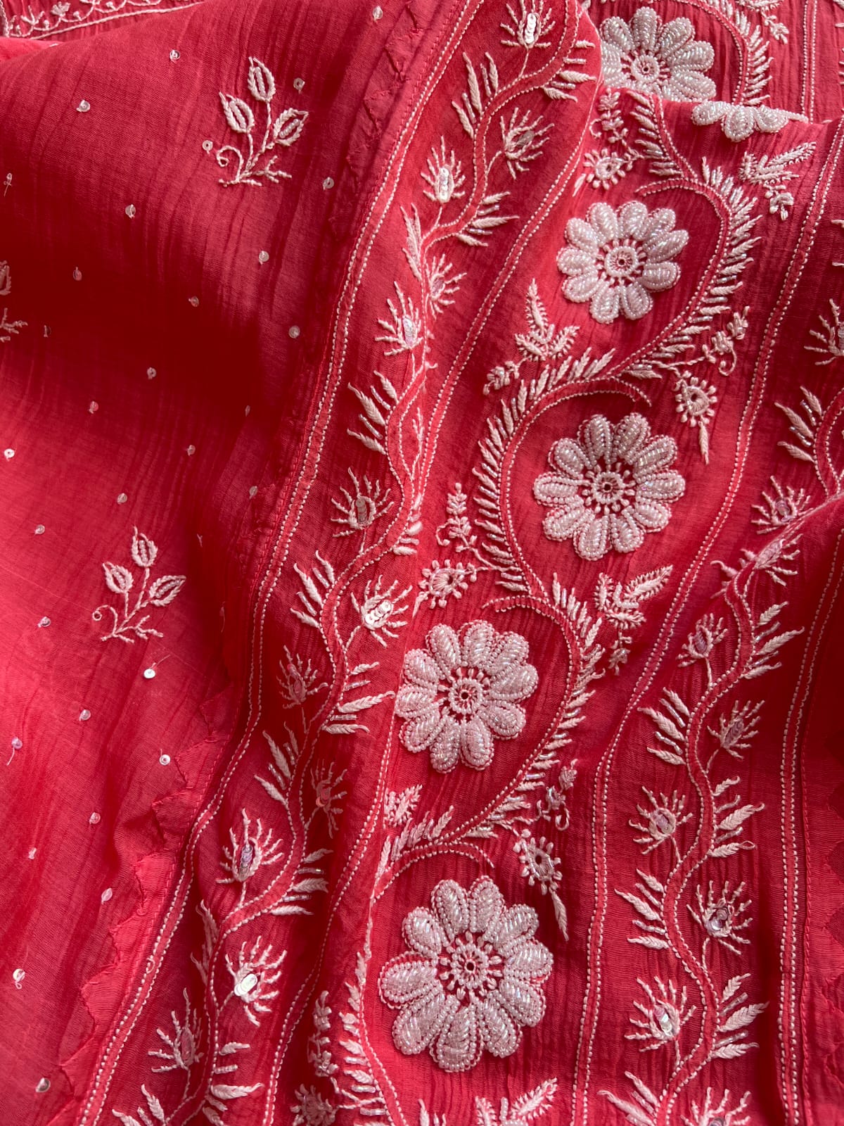 Magenta Pink Mul Chanderi Kurta deupatta with chikanwork and Cutdana