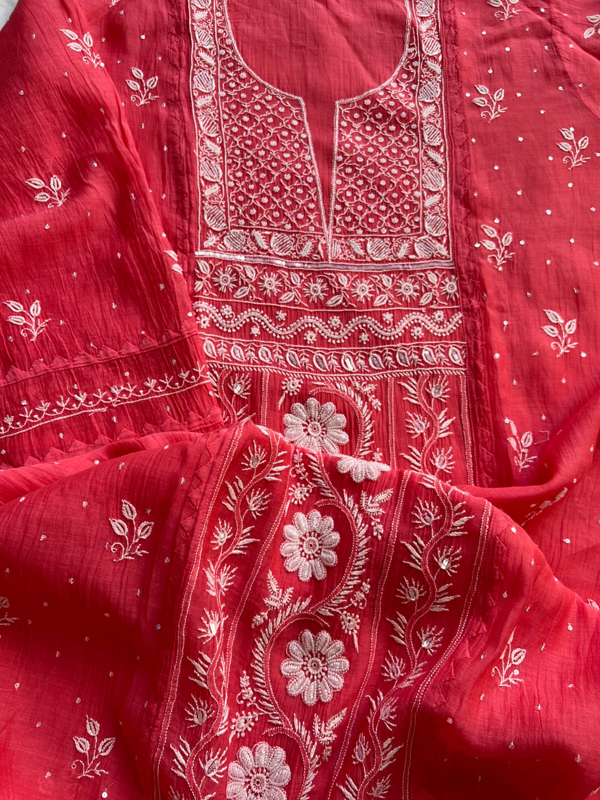 Magenta Pink Mul Chanderi Kurta deupatta with chikanwork and Cutdana
