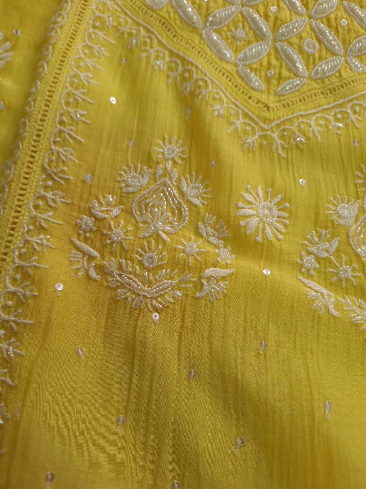 Mango yellow Mul Chanderi set with chikankari and heavy cutdana work