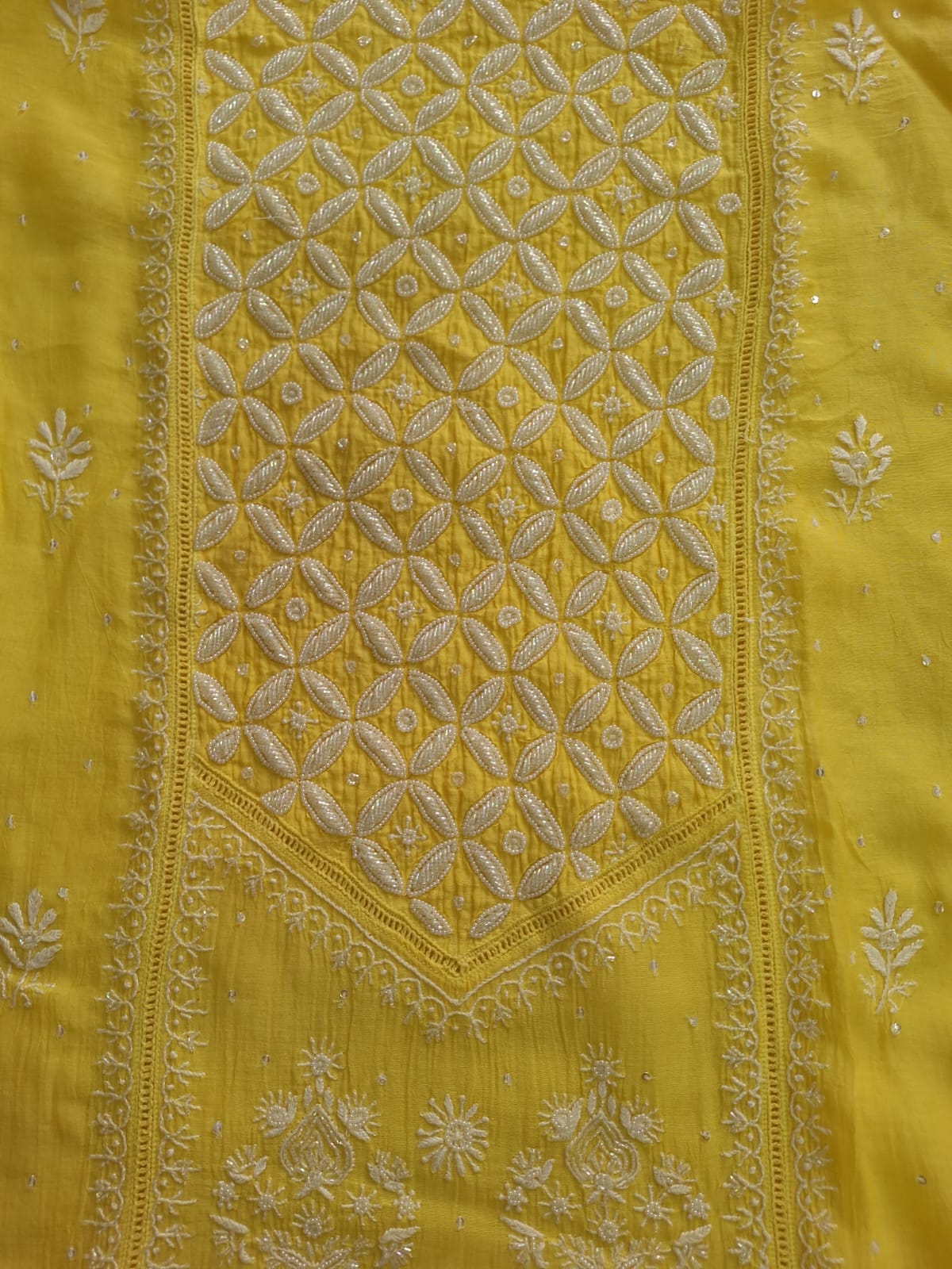 Mango yellow Mul Chanderi set with chikankari and heavy cutdana work