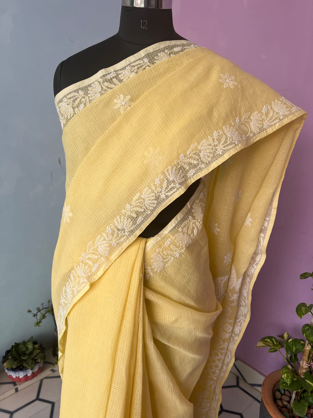 Light Yellow Kota cotton Hand embroidered saree with Jaaliwork