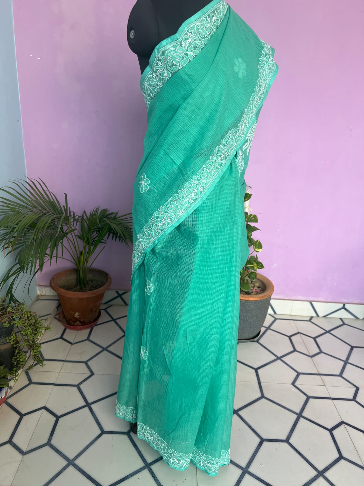 Turquoise Green Kota cotton Hand embroidered saree with Jaaliwork