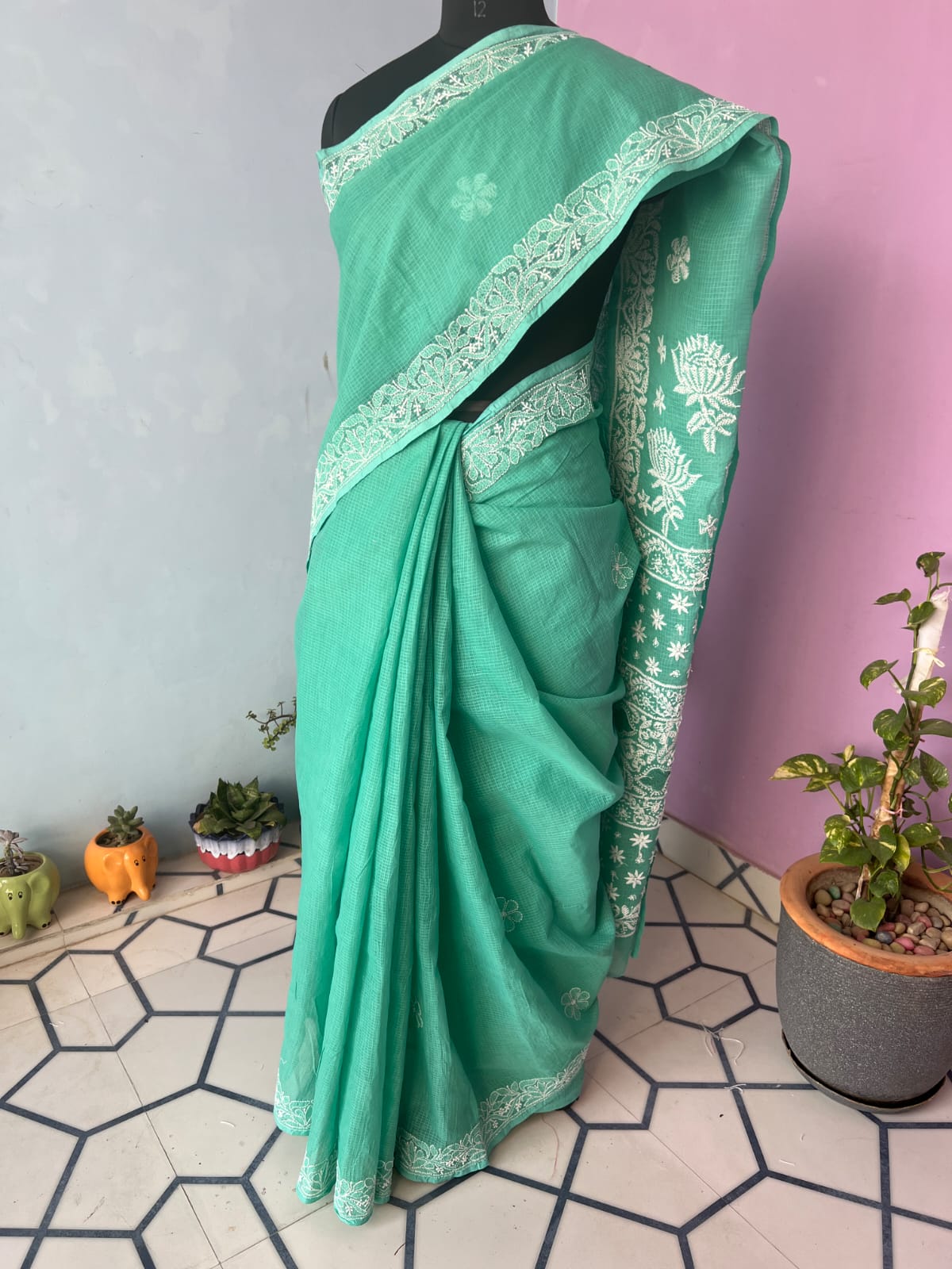 Turquoise Green Kota cotton Hand embroidered saree with Jaaliwork