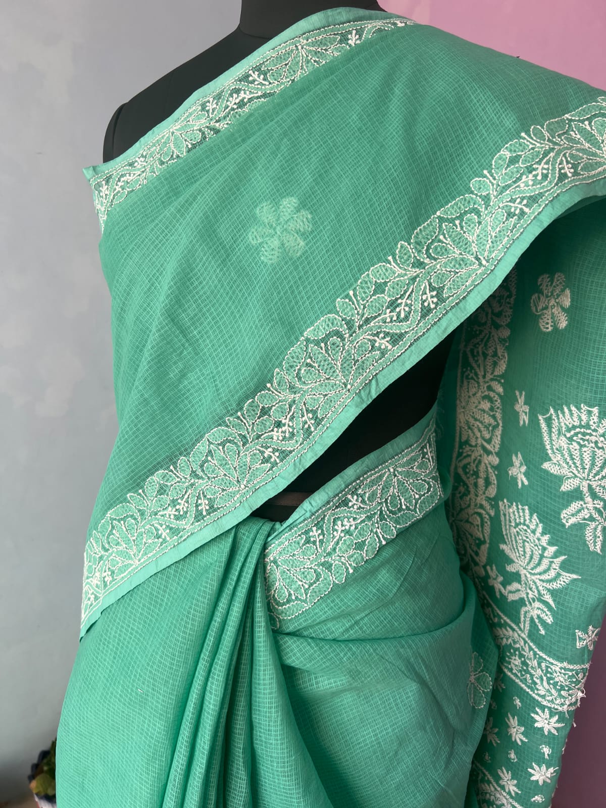 Turquoise Green Kota cotton Hand embroidered saree with Jaaliwork