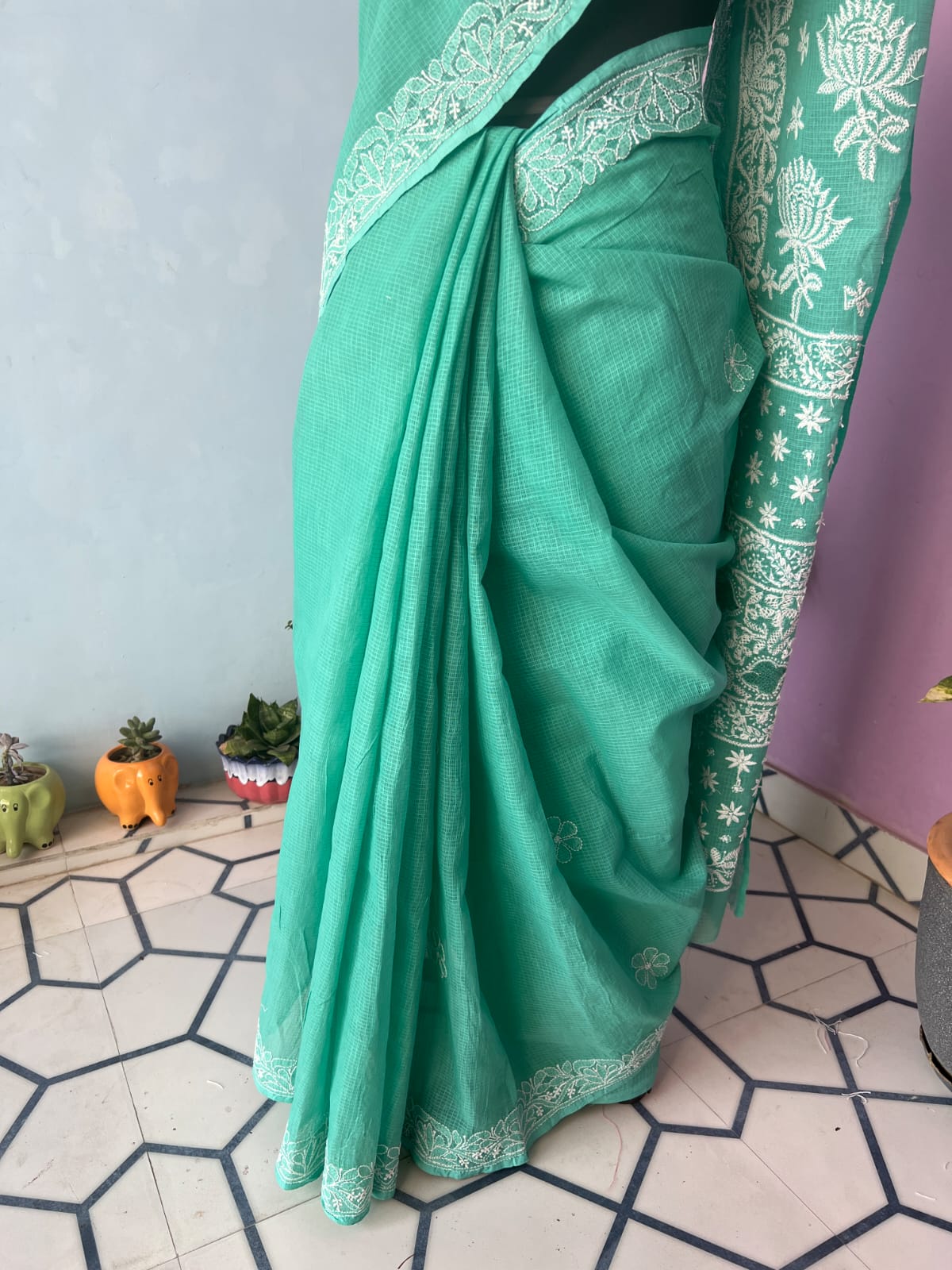 Turquoise Green Kota cotton Hand embroidered saree with Jaaliwork
