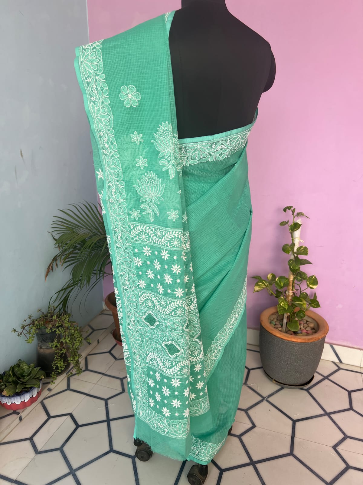 Turquoise Green Kota cotton Hand embroidered saree with Jaaliwork