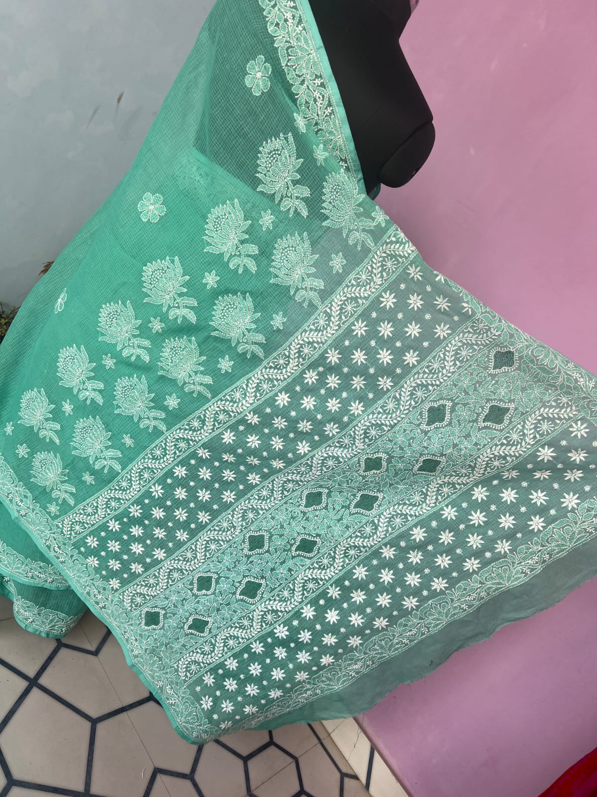 Turquoise Green Kota cotton Hand embroidered saree with Jaaliwork