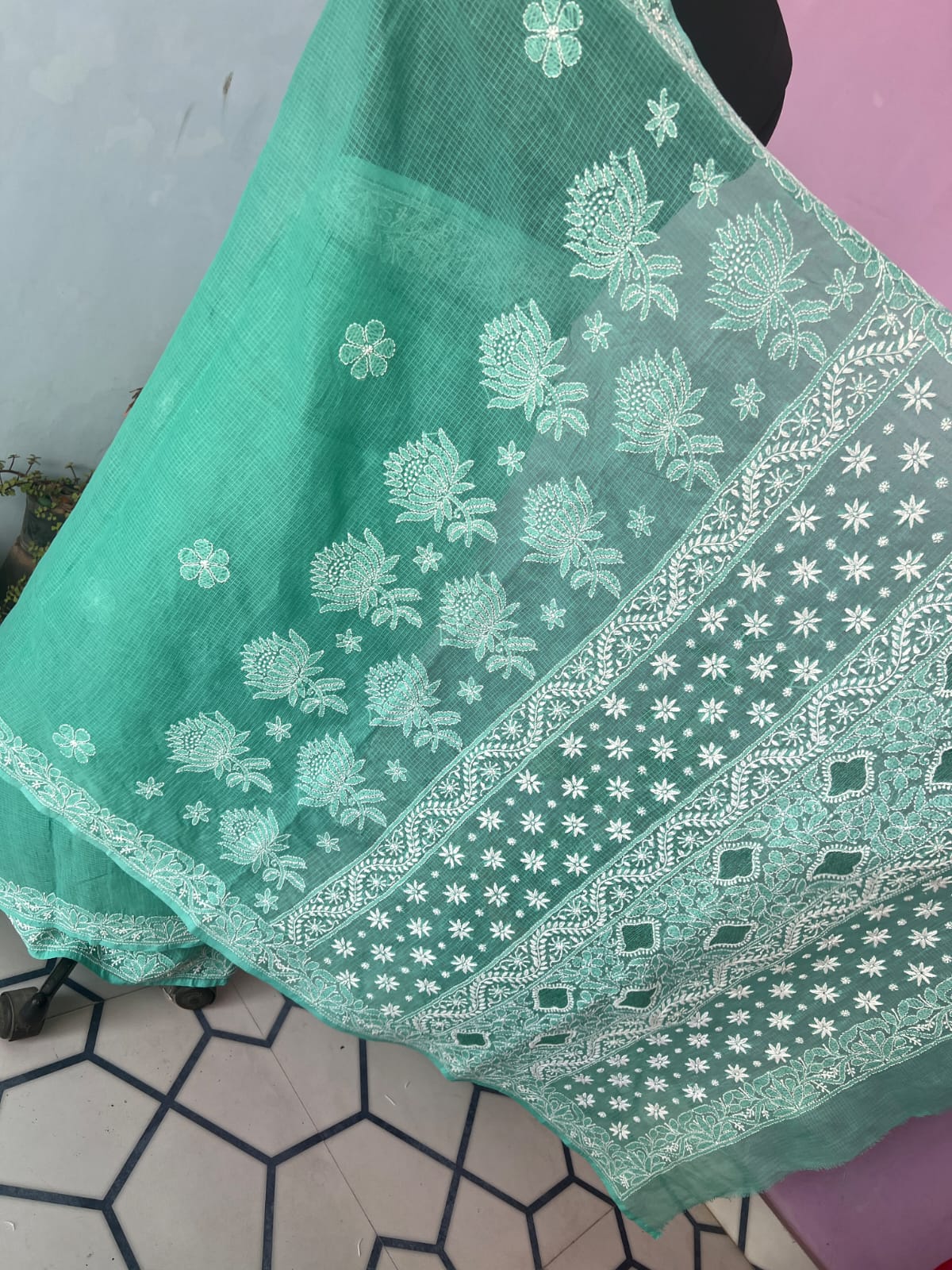 Turquoise Green Kota cotton Hand embroidered saree with Jaaliwork