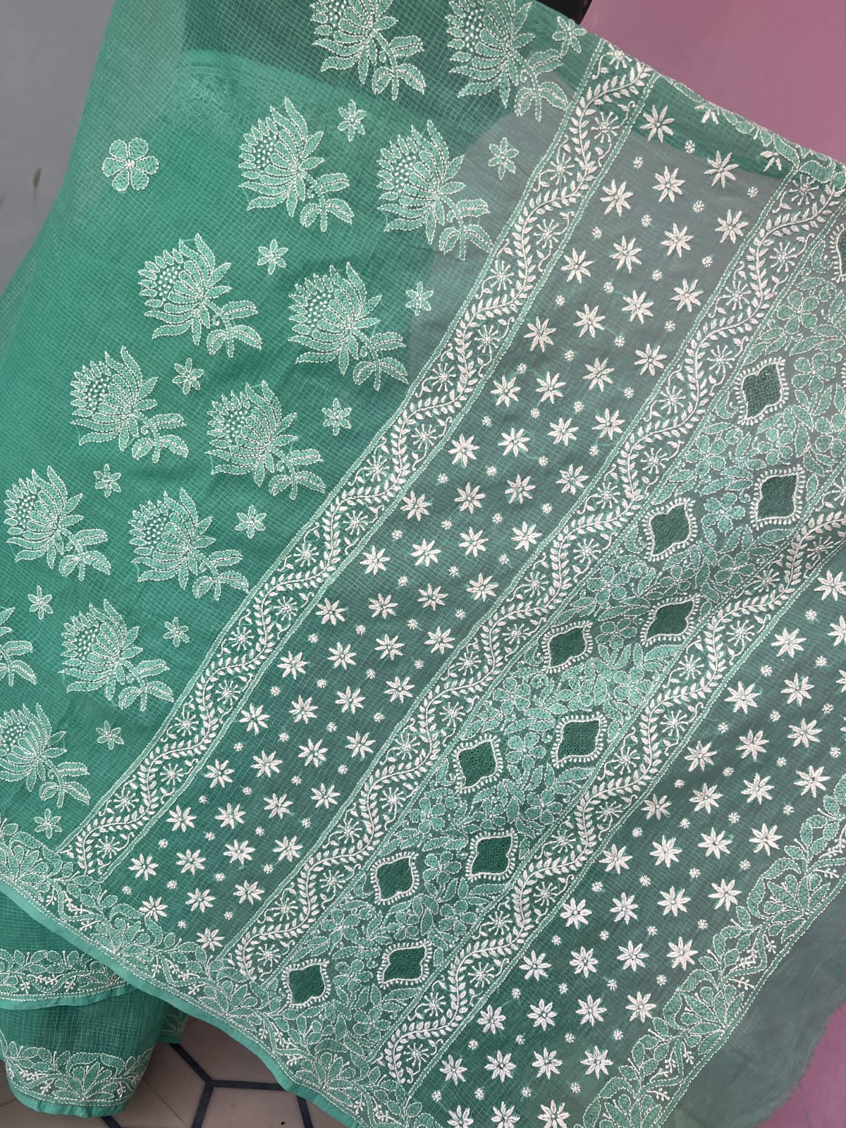 Turquoise Green Kota cotton Hand embroidered saree with Jaaliwork
