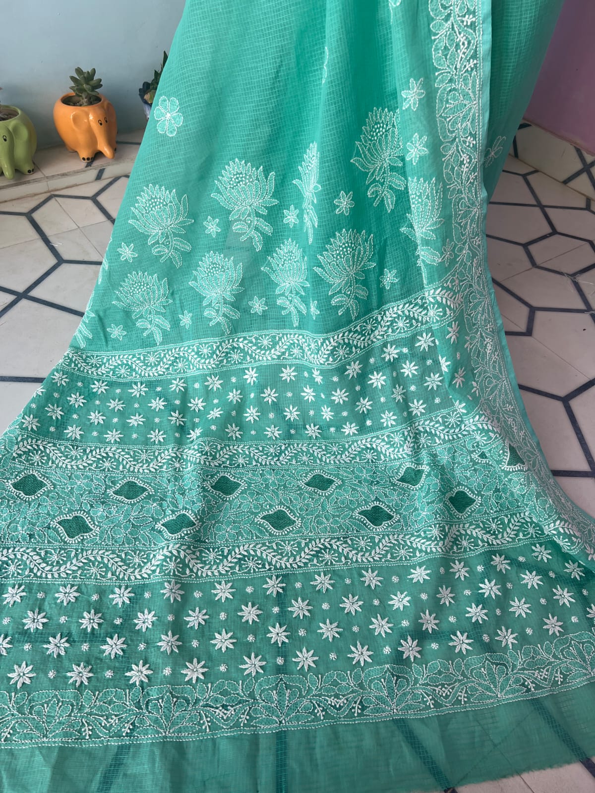 Turquoise Green Kota cotton Hand embroidered saree with Jaaliwork