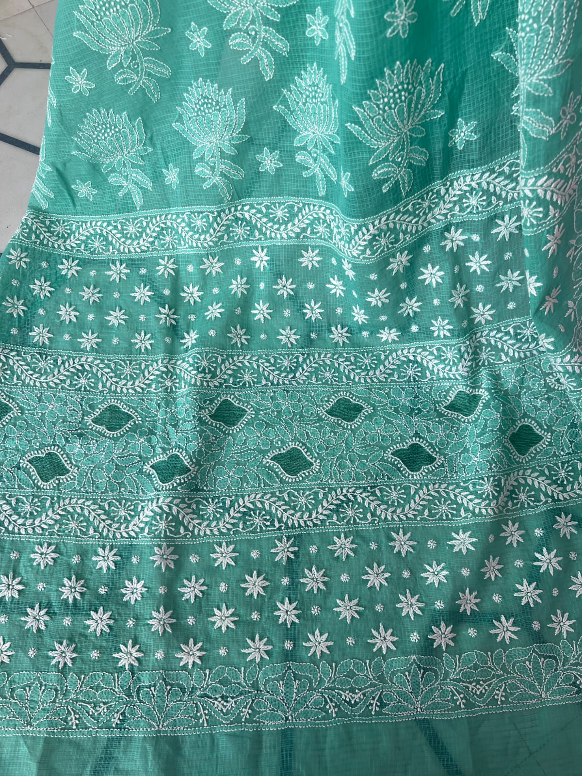 Turquoise Green Kota cotton Hand embroidered saree with Jaaliwork