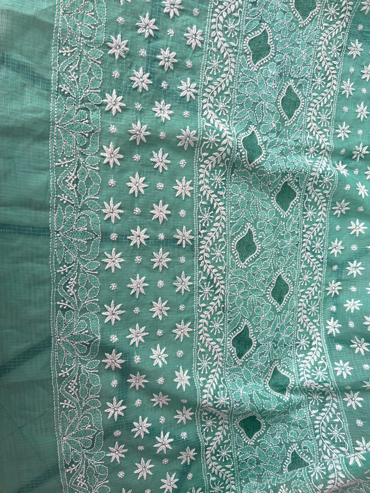Turquoise Green Kota cotton Hand embroidered saree with Jaaliwork