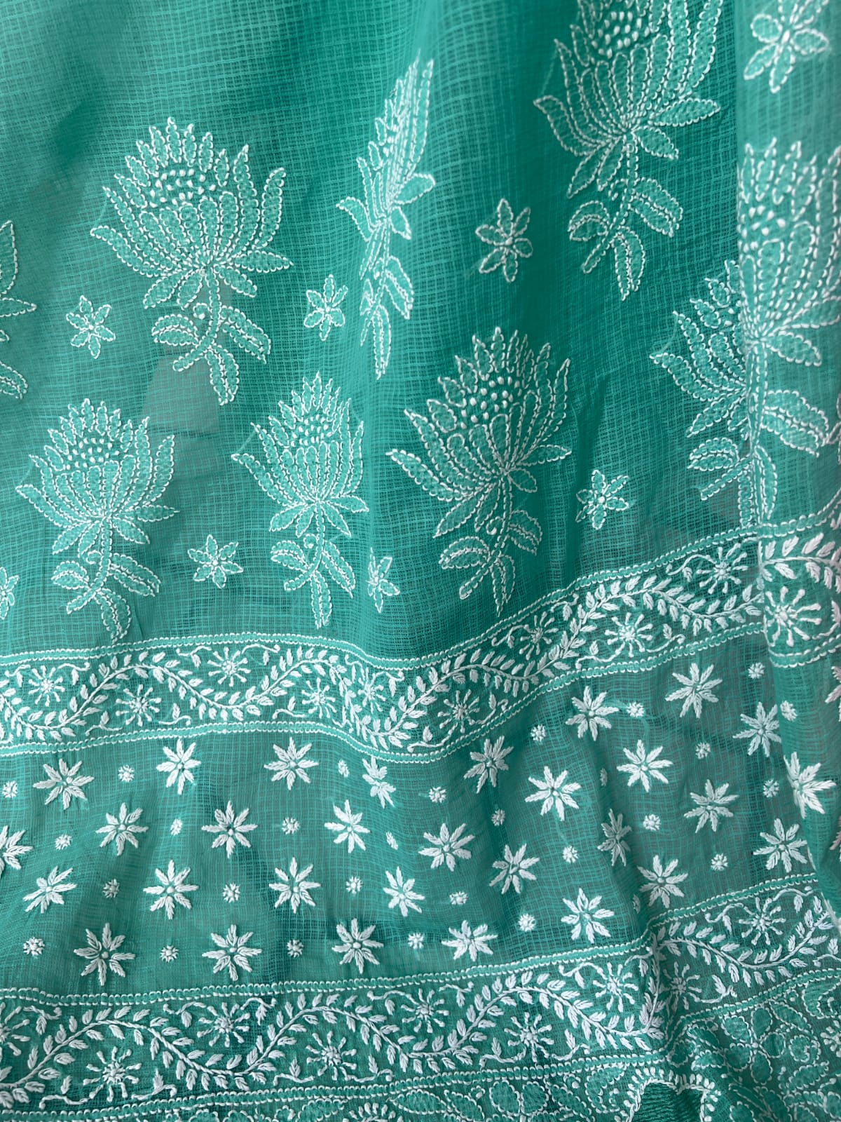 Turquoise Green Kota cotton Hand embroidered saree with Jaaliwork